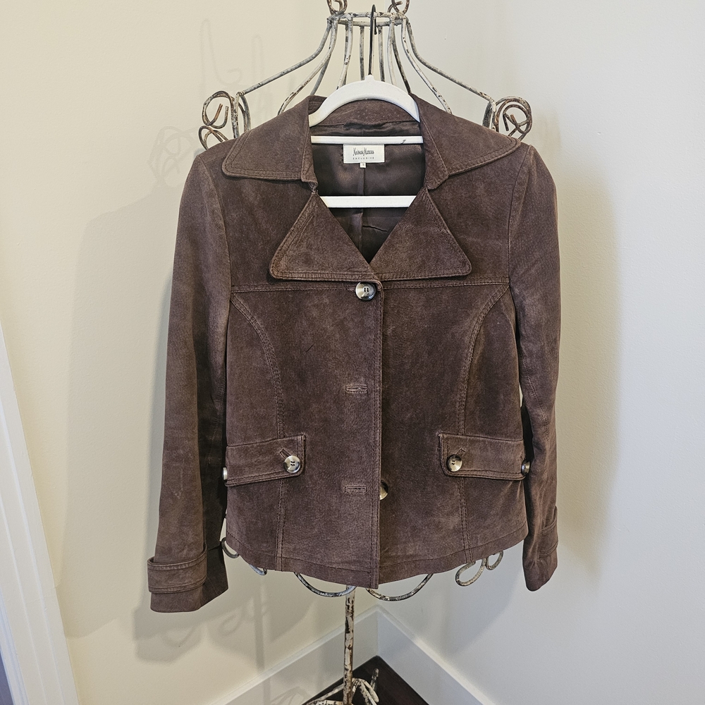 Neiman Marcus Dark Brown Suede Button-Front Jacket